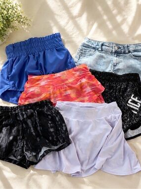 Kids Active Pull-On Shorts Pack — Blue, Pink-Orange, Black, Lilac, Denim